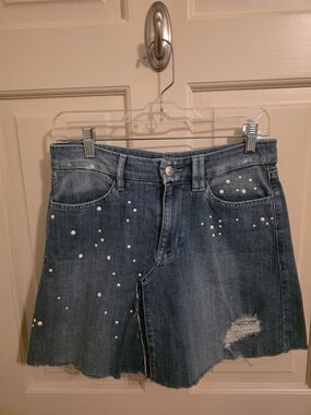 Guess Los Angeles Blue Denim Skirt with Pearl Studs